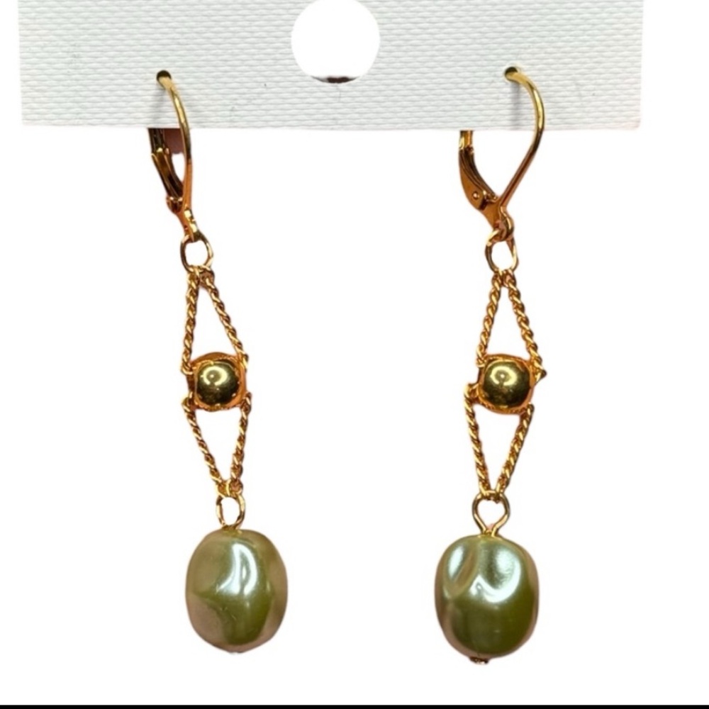 JOAN RIVERS Green Pearl Jeweled Gold Drop Dangle Earrings NEW